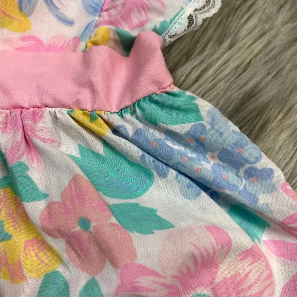 Vintage Baby Girls Blue Pink Floral Ruffle Pinafore Dress